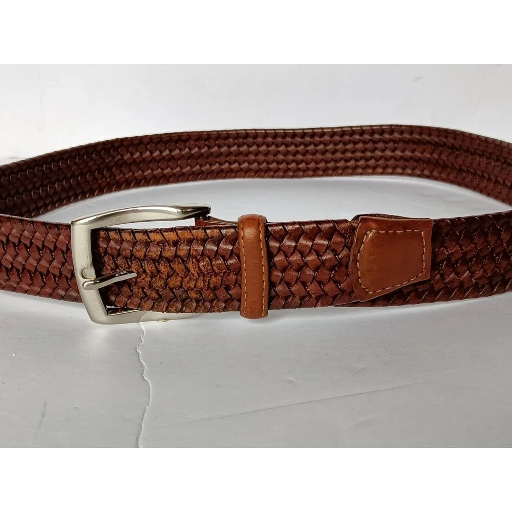 Torino Italian Leather Belt Tan Braided Woven Stretch 31 Inches USA made